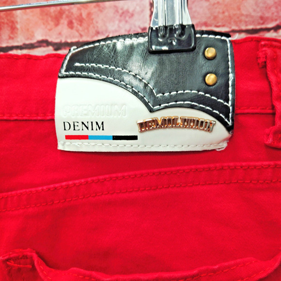 Demolition Capri Jeans Mens 36 Red Denim Stacked Zipper Five Pocket Y2K Grunge - Picture 6 of 8